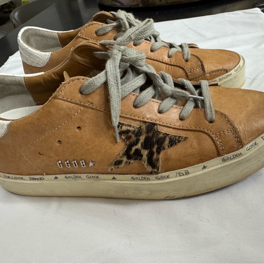 Golden Goose Tan Sneakers with Leopard Accent